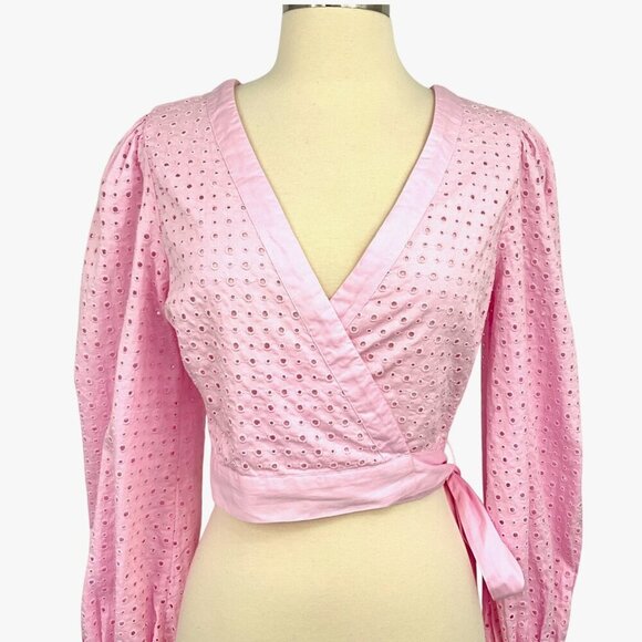 NWT LoveShackFancy Kinza Crop Wrap Top Lotus Pink Embroidered Eyelet Size M - Picture 2 of 13